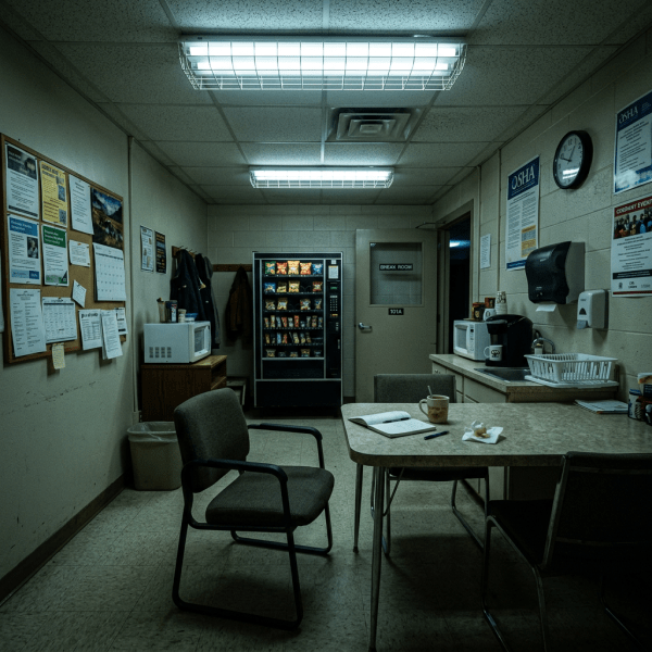 Break room with vending machine, chairs, table, microwave, and bulletin boards