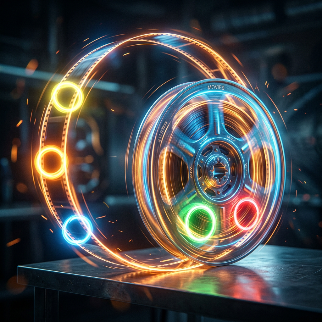 Glowing movie reel spinning with neon light trails and colored circles