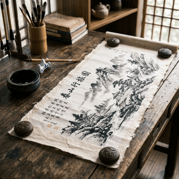 Traditional Chinese ink painting on scroll with mountainous landscape and calligraphy.