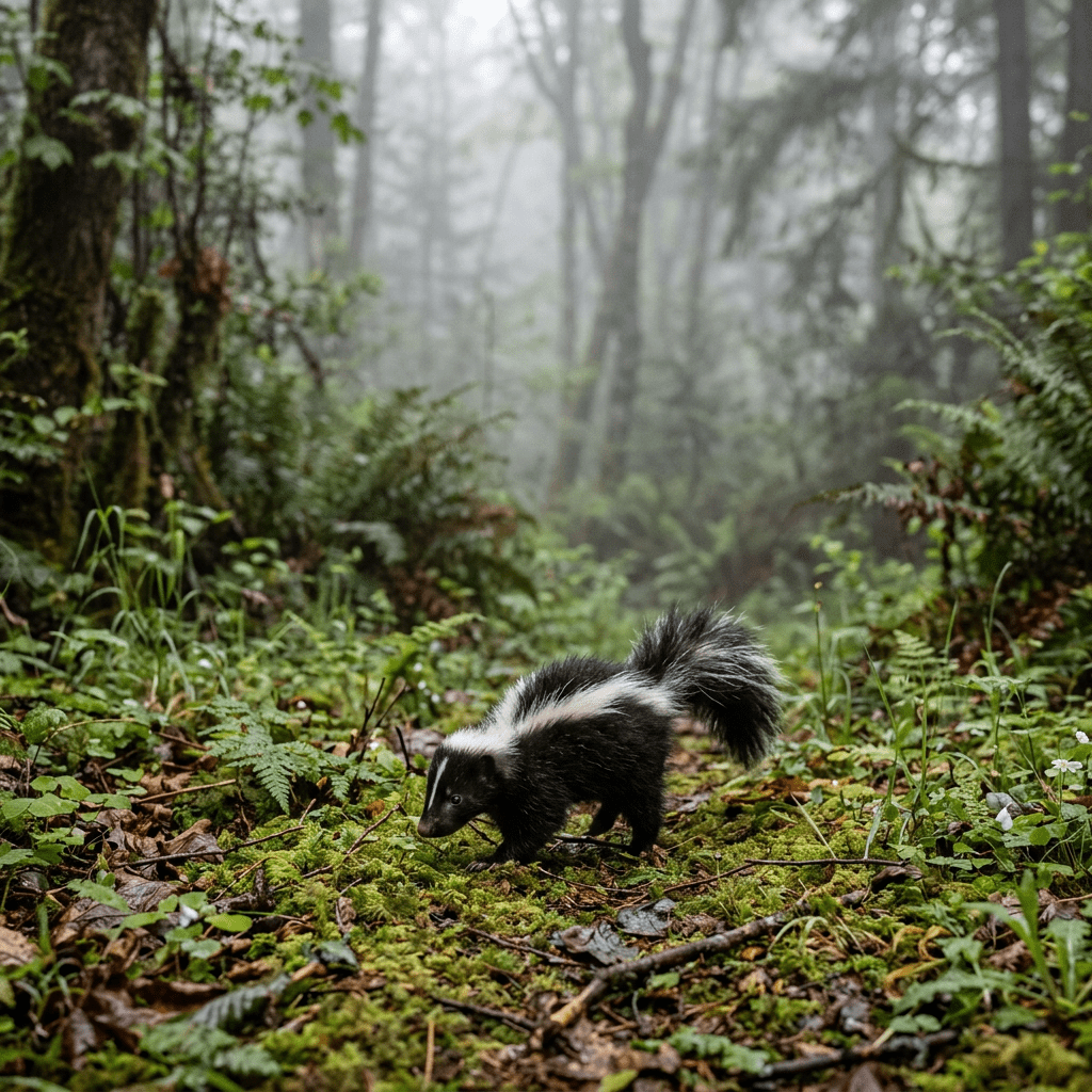 Skunk walking on moss-covered forest floor surrounded by ferns and leaves