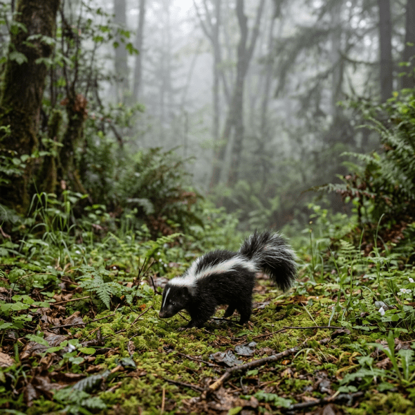 Skunk walking on moss-covered forest floor surrounded by ferns and leaves