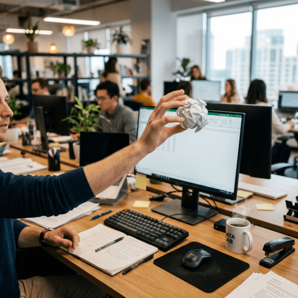 Man holding crumpled paper ball in office workspace with computer and coffee mug