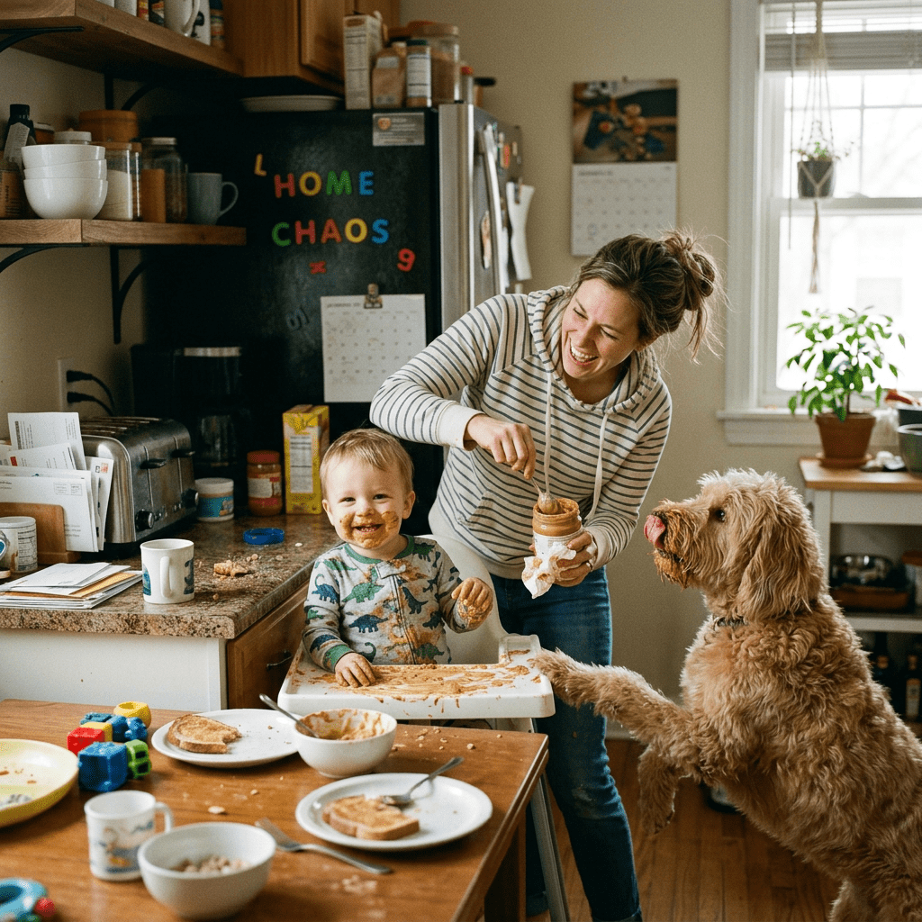 Mother feeding toddler peanut butter with a dog reaching up in a cluttered kitchen