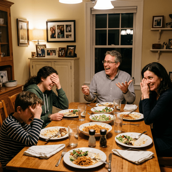 Four family members laughing and covering their faces around a dining table with plates of food