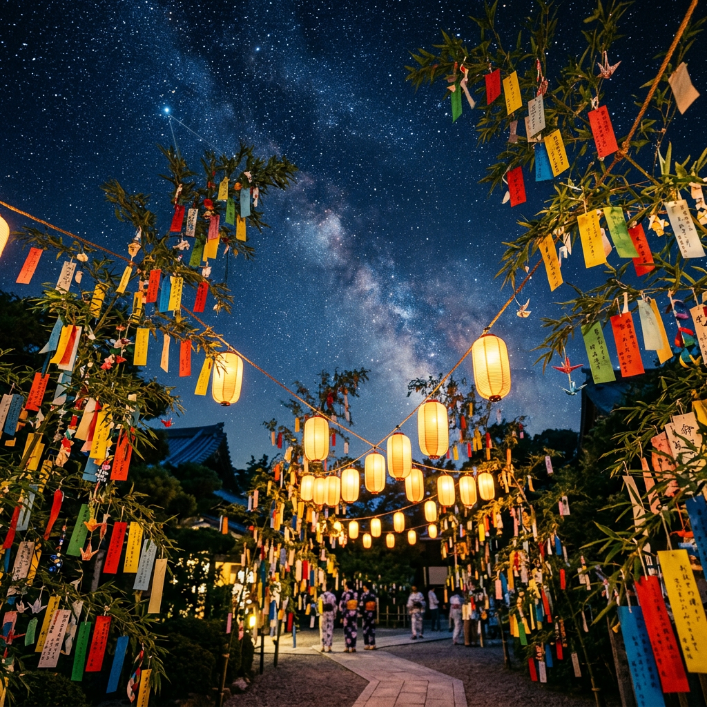 Tanabata festival decorations with colorful paper wishes and lanterns at night with stars