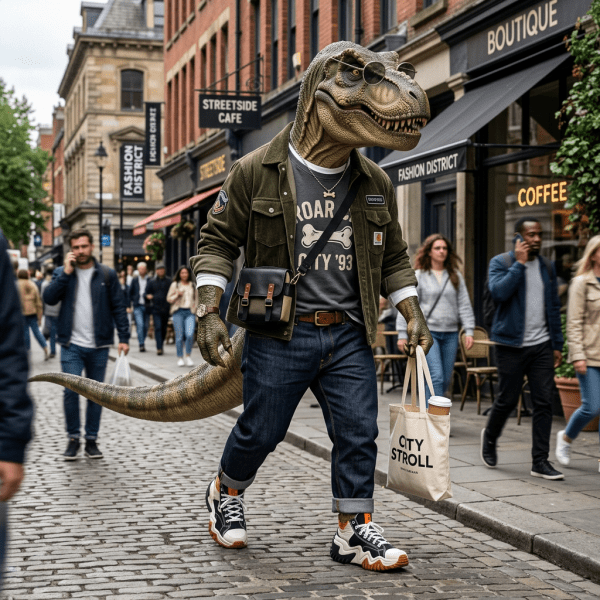 Dinosaur dressed in casual clothing walking on a cobblestone city street holding a tote bag with coffee