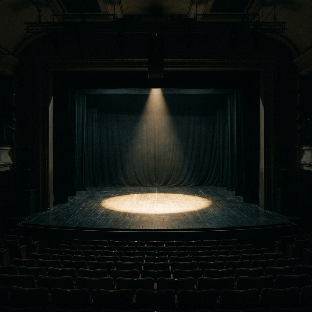 Empty theater stage with spotlight on wooden floor and closed curtains