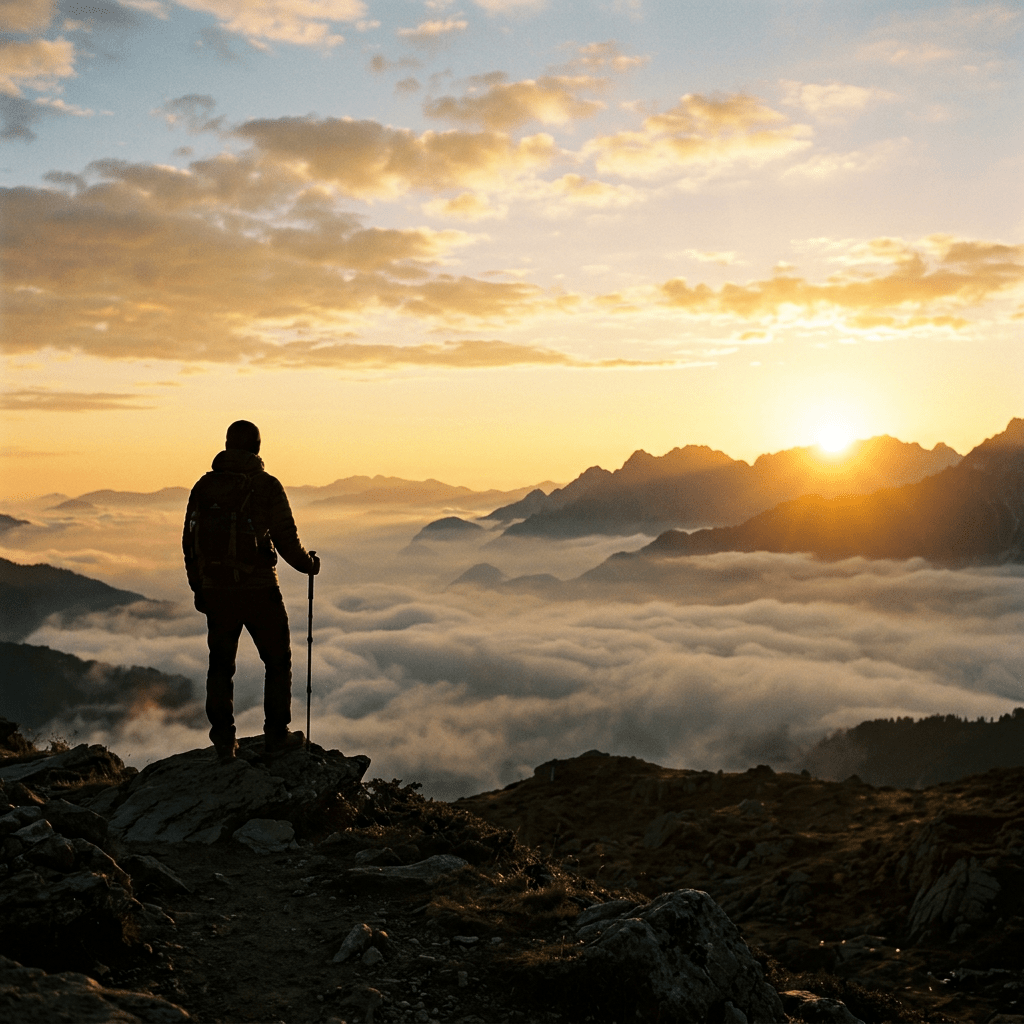 Hiker with backpack and walking stick on mountain peak at sunrise with clouds below