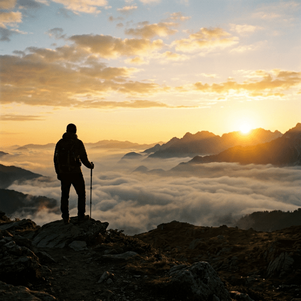 Hiker with backpack and walking stick on mountain peak at sunrise with clouds below