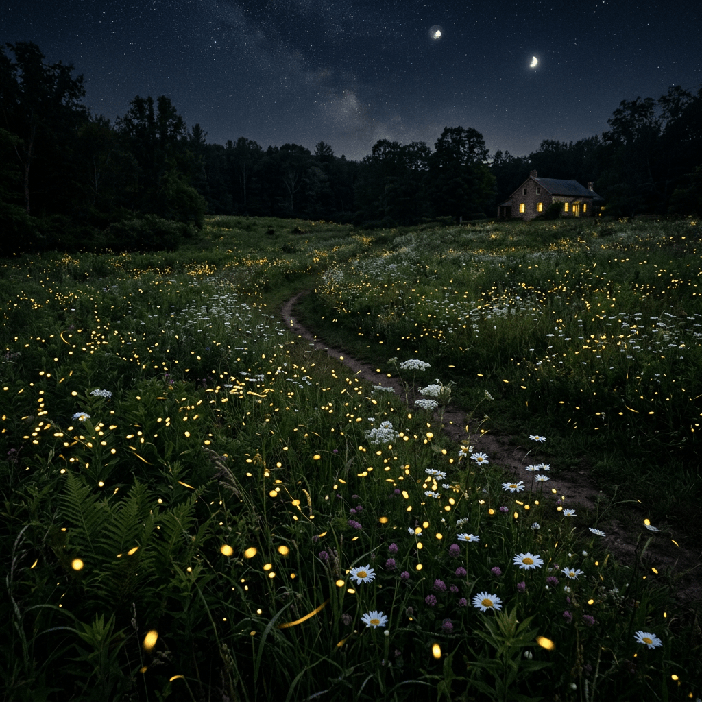 Nighttime meadow with fireflies glowing among wildflowers and a lit house in the background