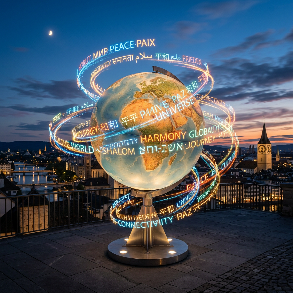 Globe sculpture with glowing words of peace, harmony, and unity in various languages