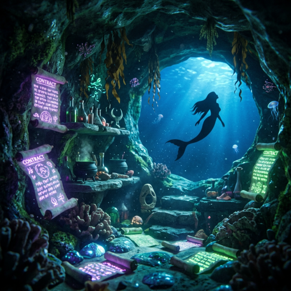 Underwater cave lair with glowing scrolls, potions, and a mermaid silhouette in the background
