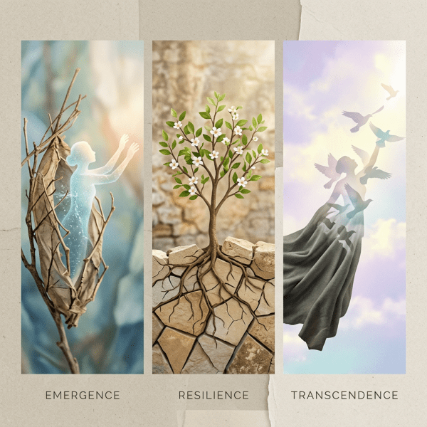 Three panels showing emergence from cocoon, a resilient flowering tree on cracked ground, and a figure transforming into birds