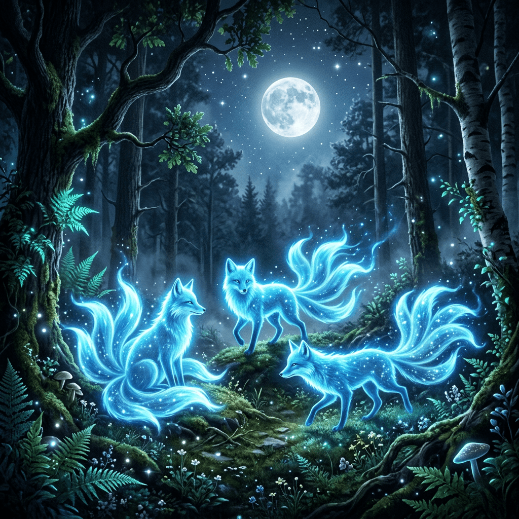 Three glowing blue foxes with multiple tails standing in a moonlit forest clearing.