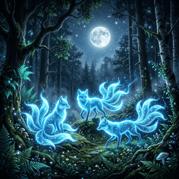 Three glowing blue foxes with multiple tails standing in a moonlit forest clearing.