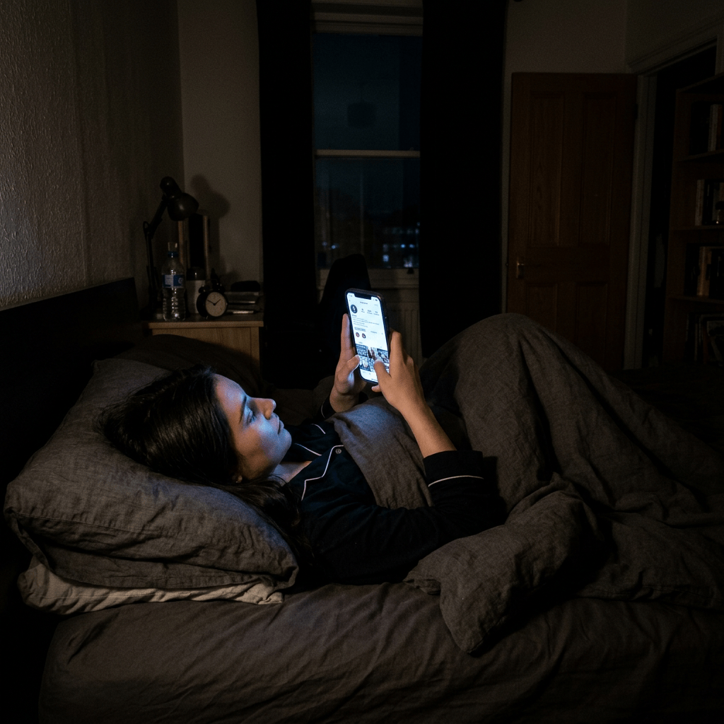 Woman lying in bed at night looking at smartphone screen