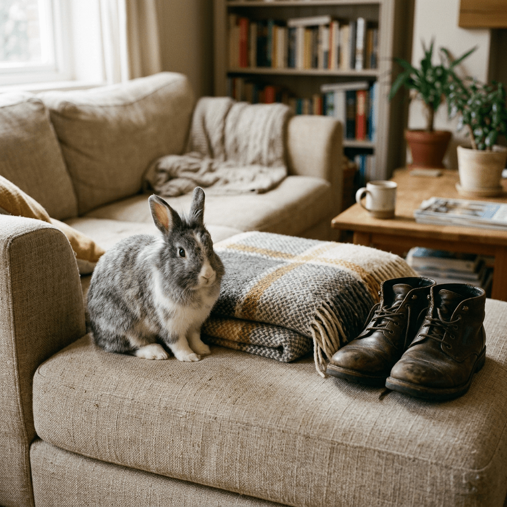 Gray and white rabbit on beige sofa with blanket and brown boots