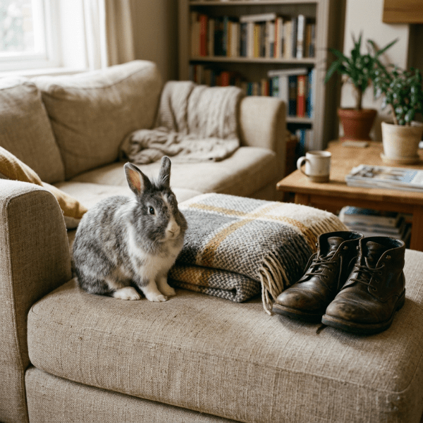 Gray and white rabbit on beige sofa with blanket and brown boots