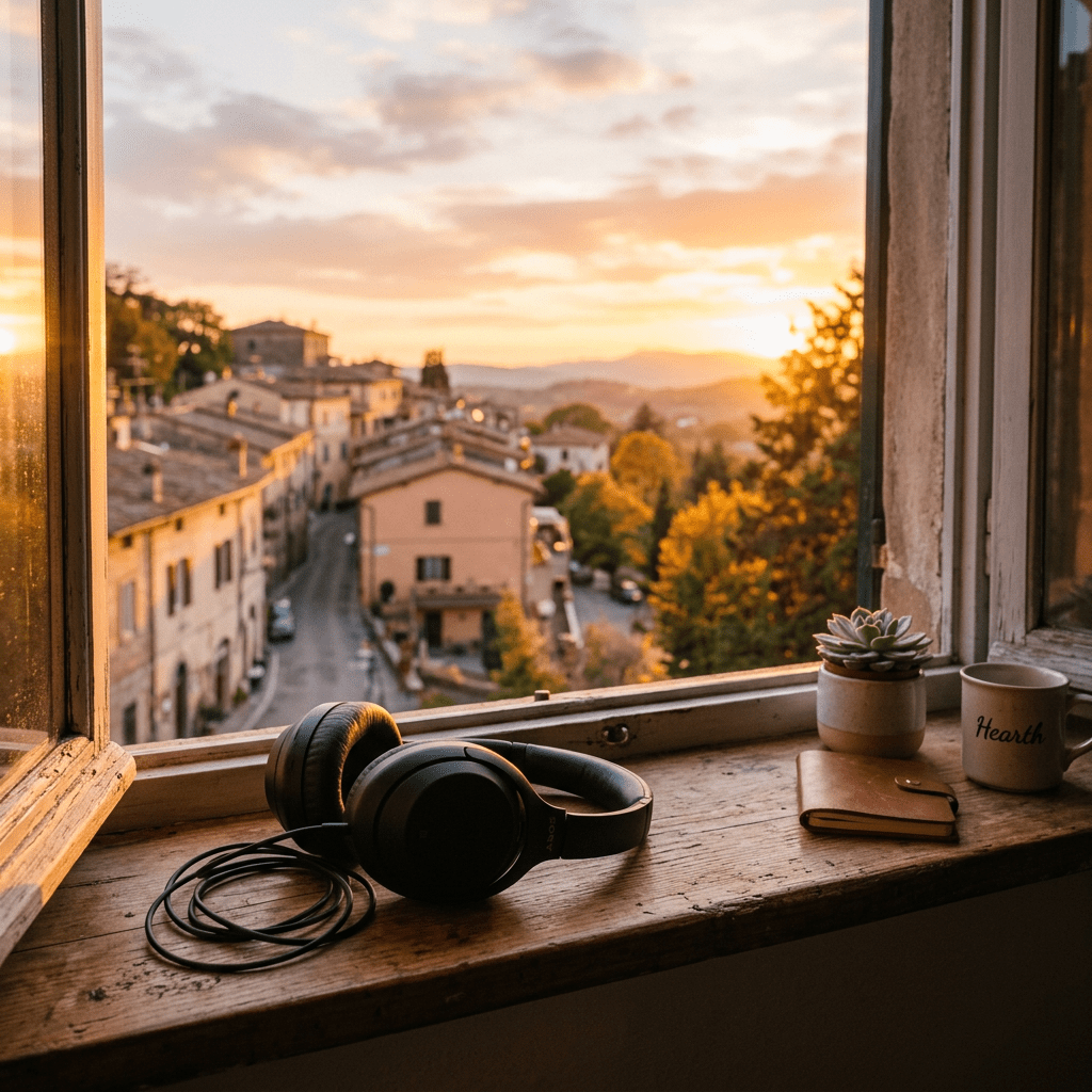 Headphones on wooden windowsill with village view at sunset