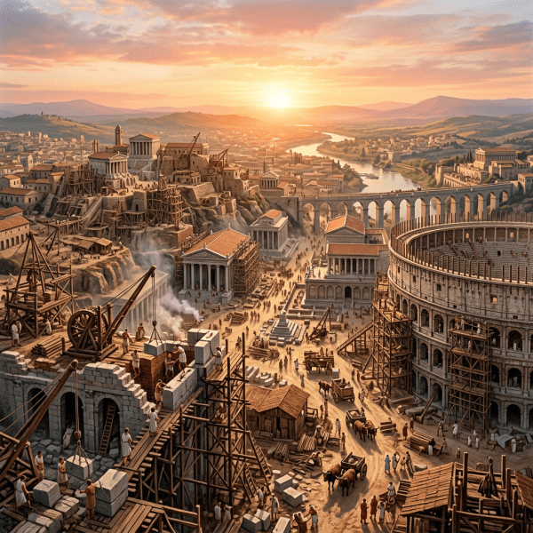 Ancient Roman city with construction of large buildings and aqueduct under sunset