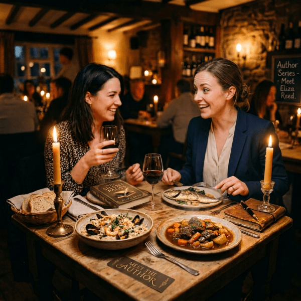 Couple enjoying wine and dinner at a candlelit restaurant table