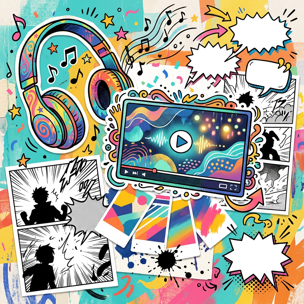 Colorful collage featuring headphones, music notes, video player, comic panels, and paint swatches