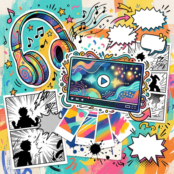 Colorful collage featuring headphones, music notes, video player, comic panels, and paint swatches