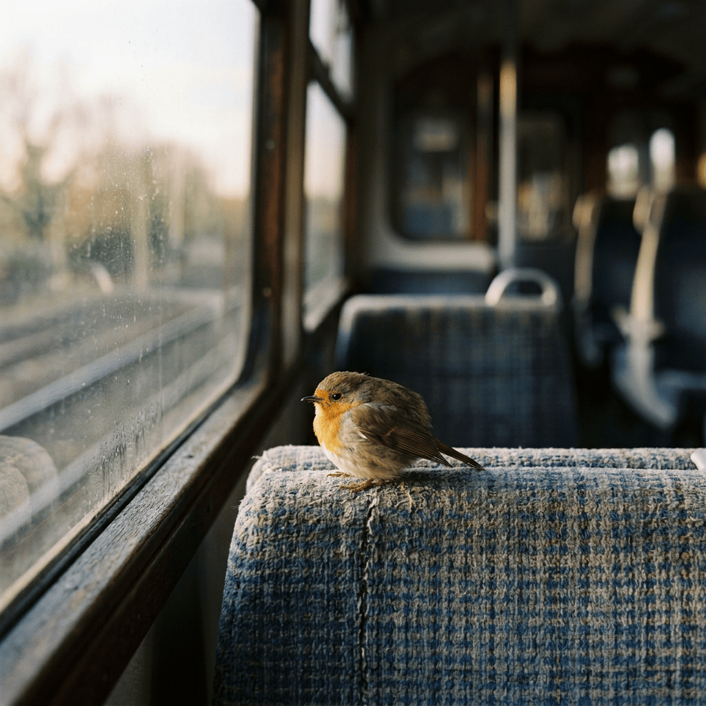 Small robin perched on a blue train seat beside the window