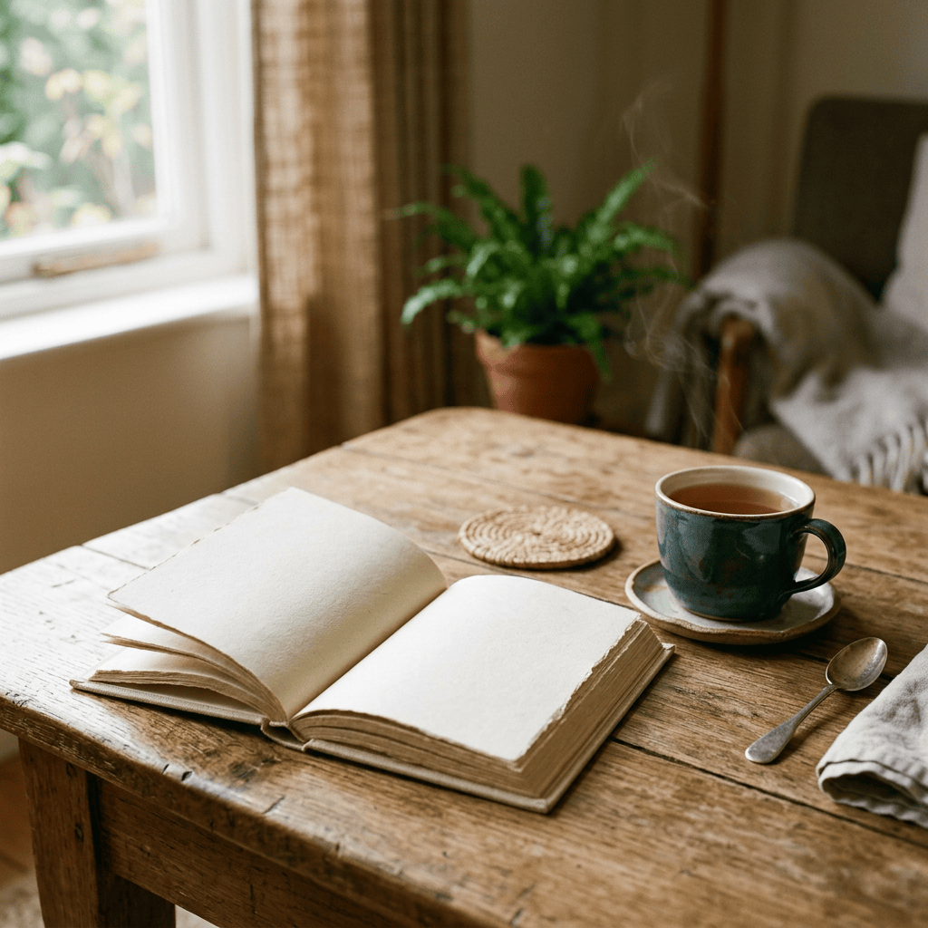 Open book and steaming tea on a rustic wooden table