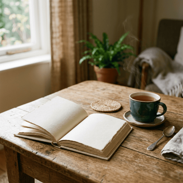 Open book and steaming tea on a rustic wooden table