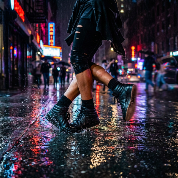Person in black boots walking through a rainy neon-lit city street