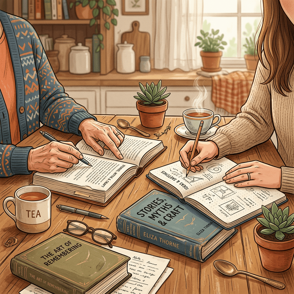 Two people writing beside books, tea, coffee, plants, and sketchbooks