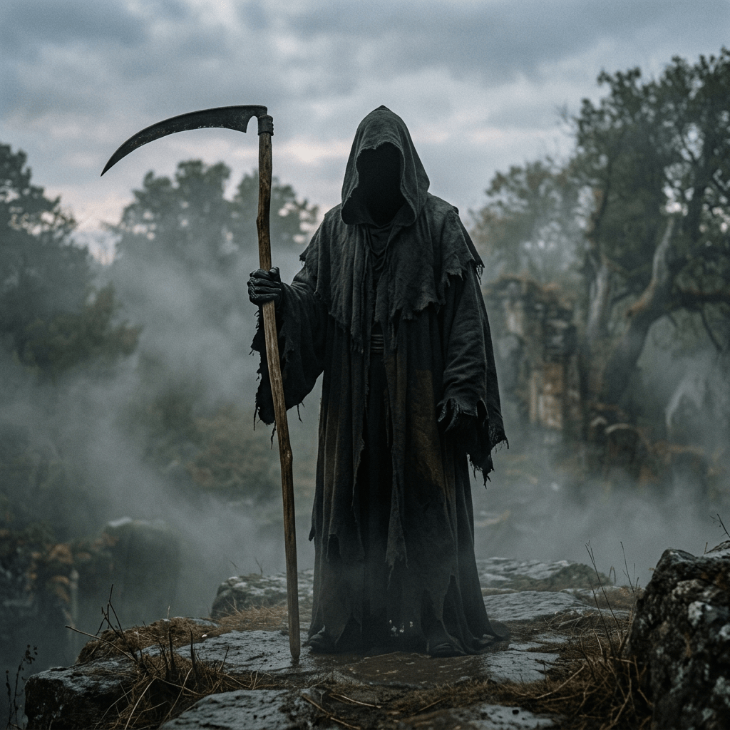 Hooded reaper holding a scythe in a misty forest
