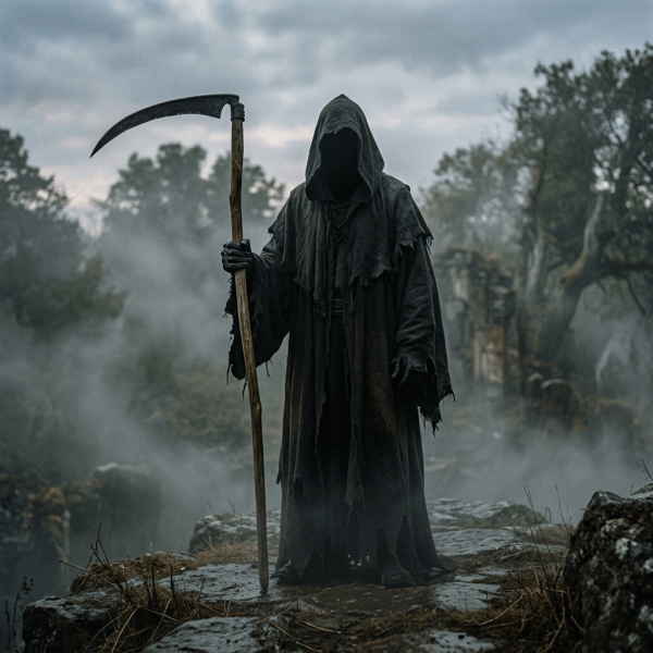 Hooded reaper holding a scythe in a misty forest