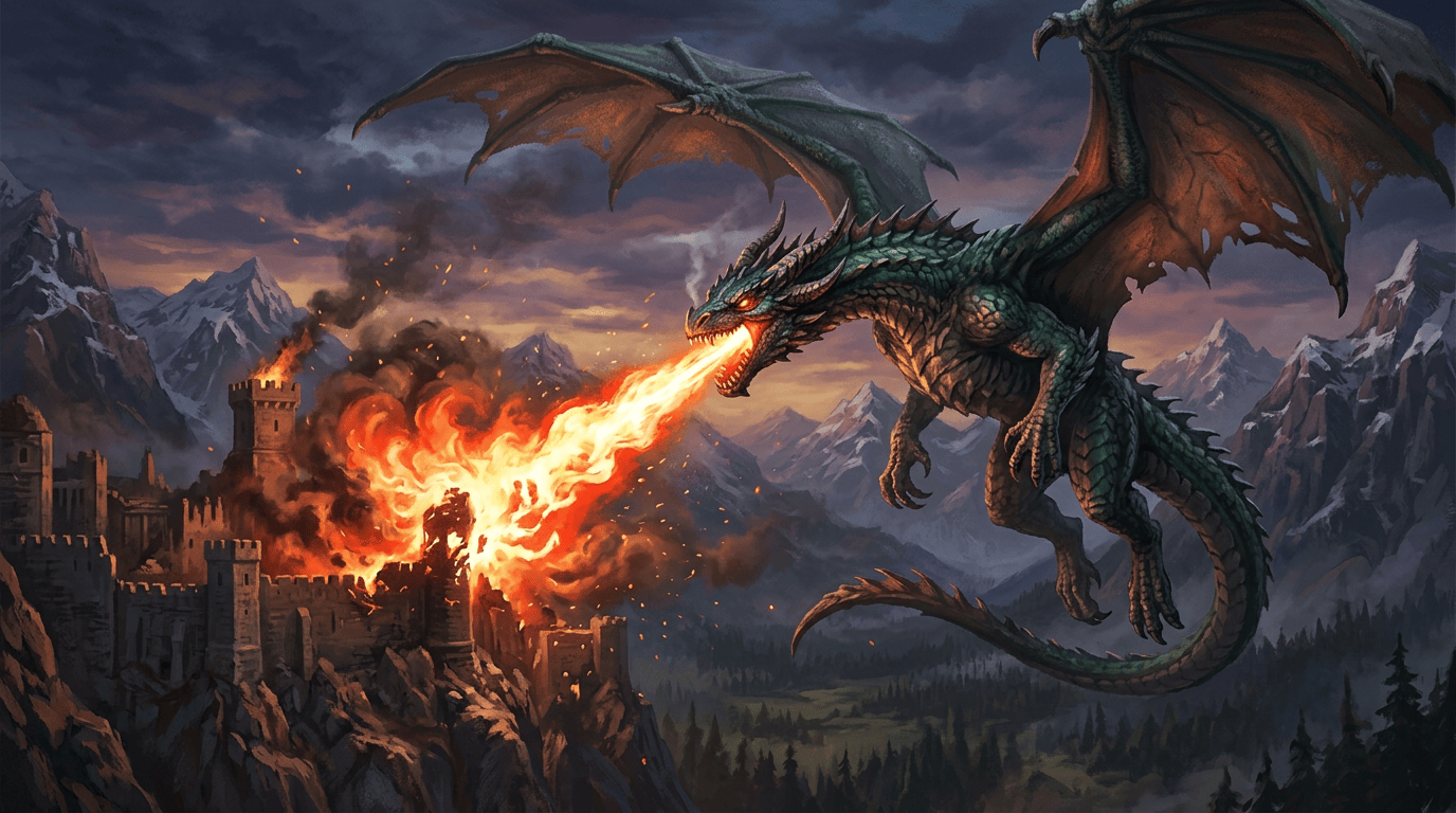 Green dragon breathing fire on a castle in a mountainous fantasy landscape