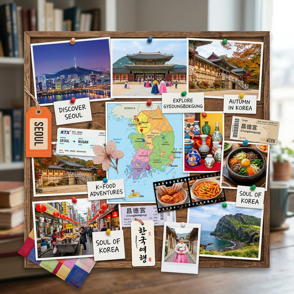 Korea travel collage labeled Seoul, Explore Gyeongbokgung, Autumn in Korea, and K-food Adventures