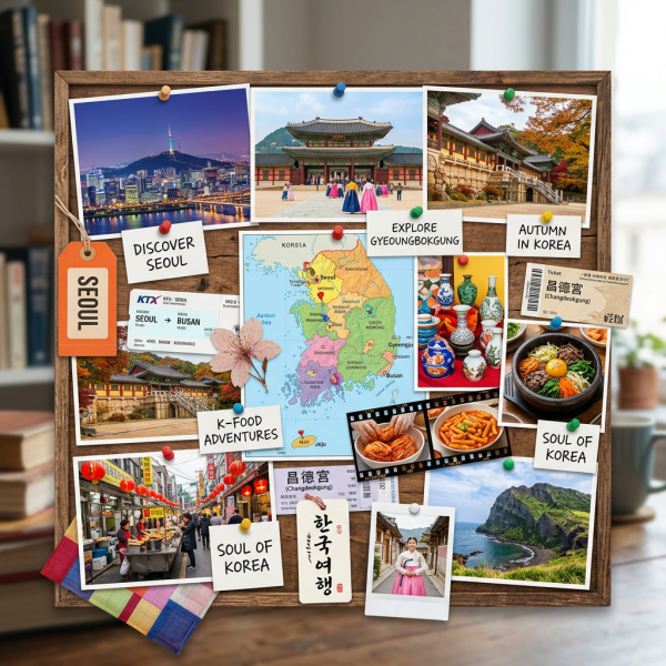Korea travel collage labeled Seoul, Explore Gyeongbokgung, Autumn in Korea, and K-food Adventures