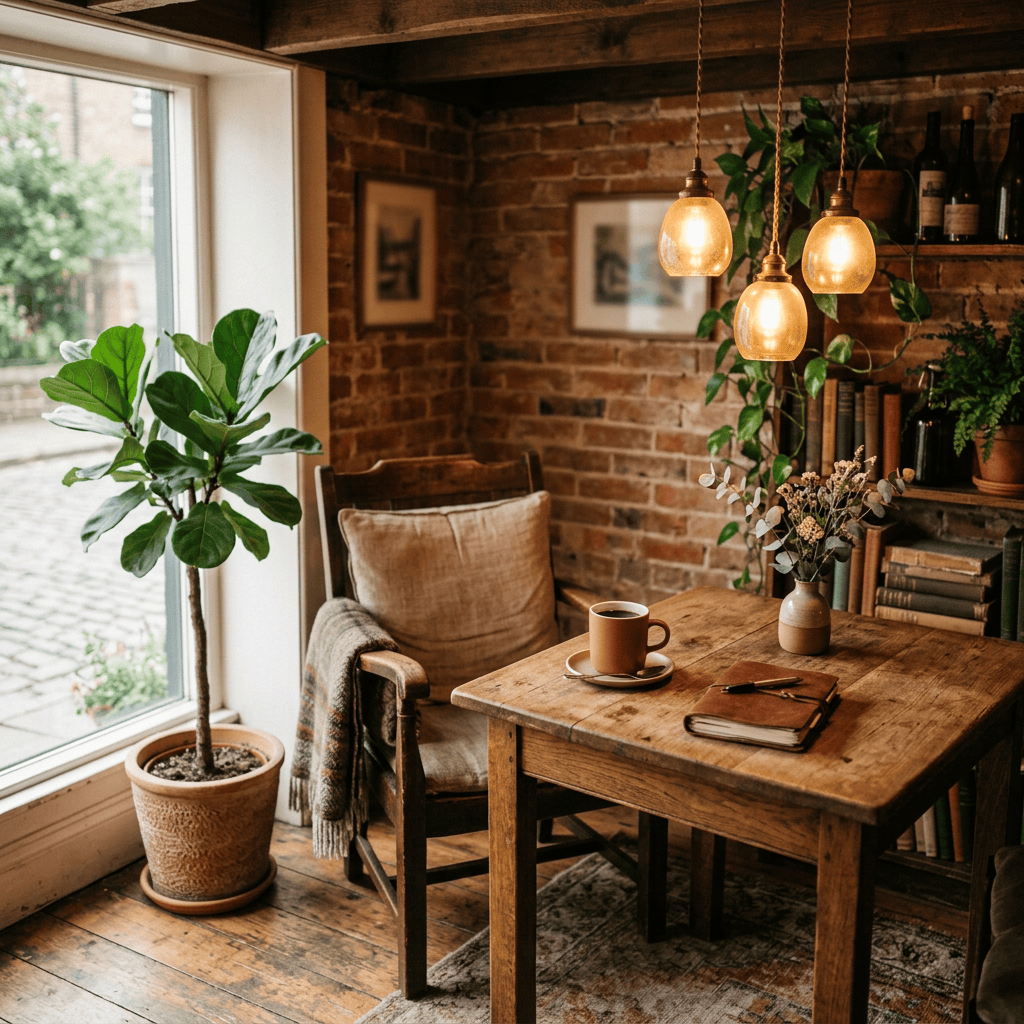 Cozy reading nook with coffee, books, plants, and pendant lights